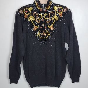 Eminent Vintage Black Sequined Beaded Mock Neck Sweater Metallic Threading,  szM
